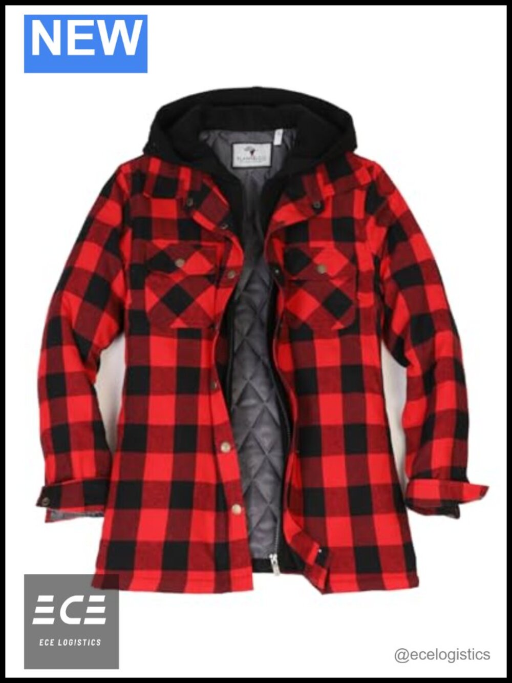 Quilted Lined Flannel Jacket with Hood and Multi-Pocket